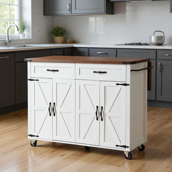 54" White Wood Rolling Kitchen Island-0