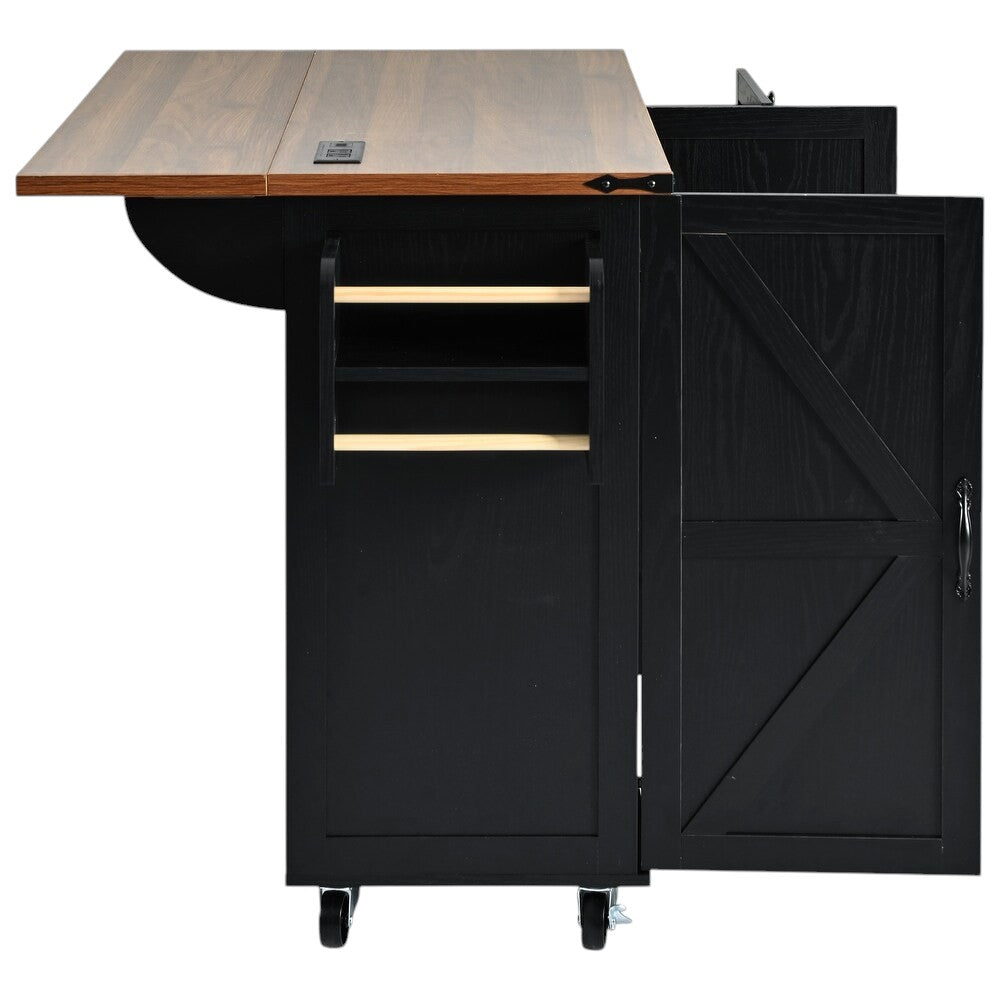 55" Black Wood Rolling Kitchen Island-5