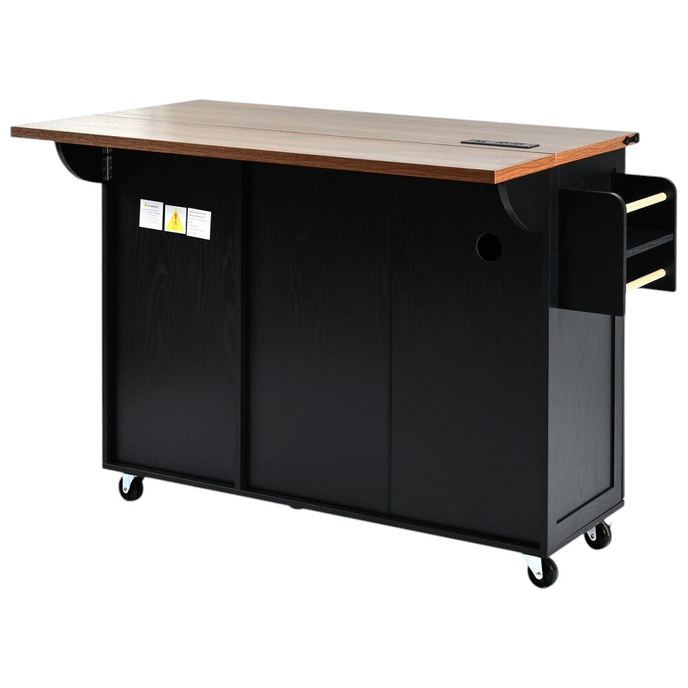 55" Black Wood Rolling Kitchen Island-4