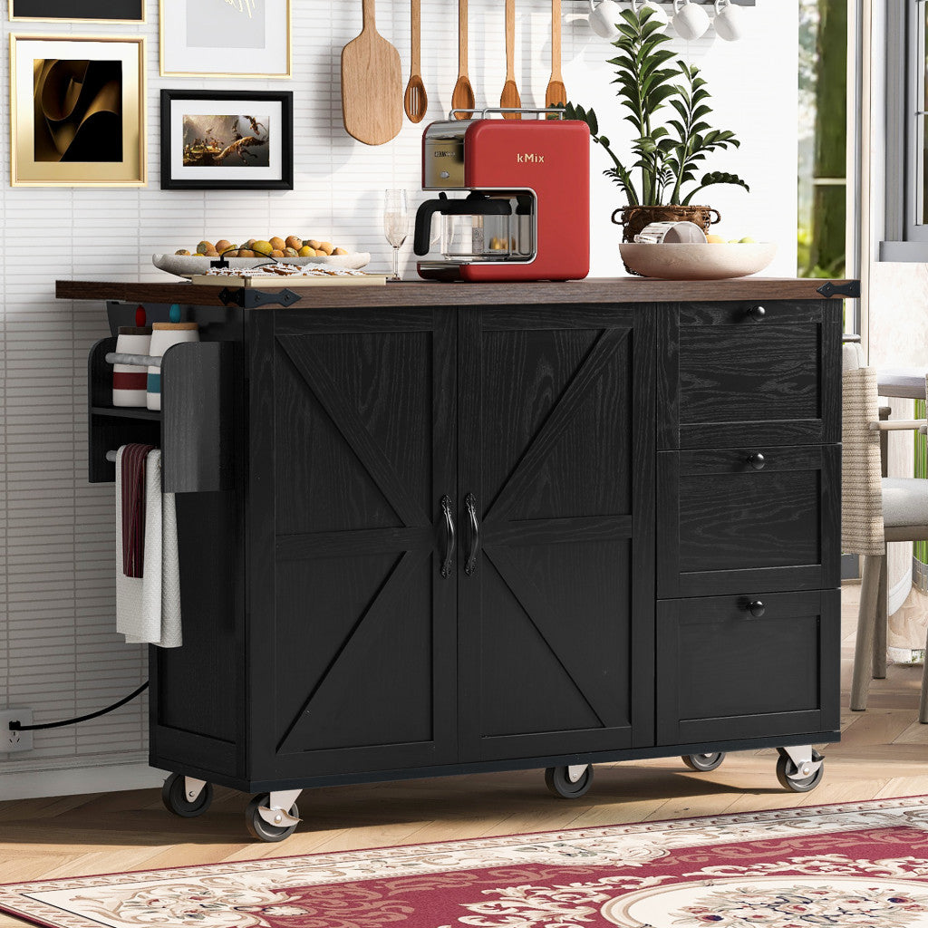 55" Black Wood Rolling Kitchen Island-8