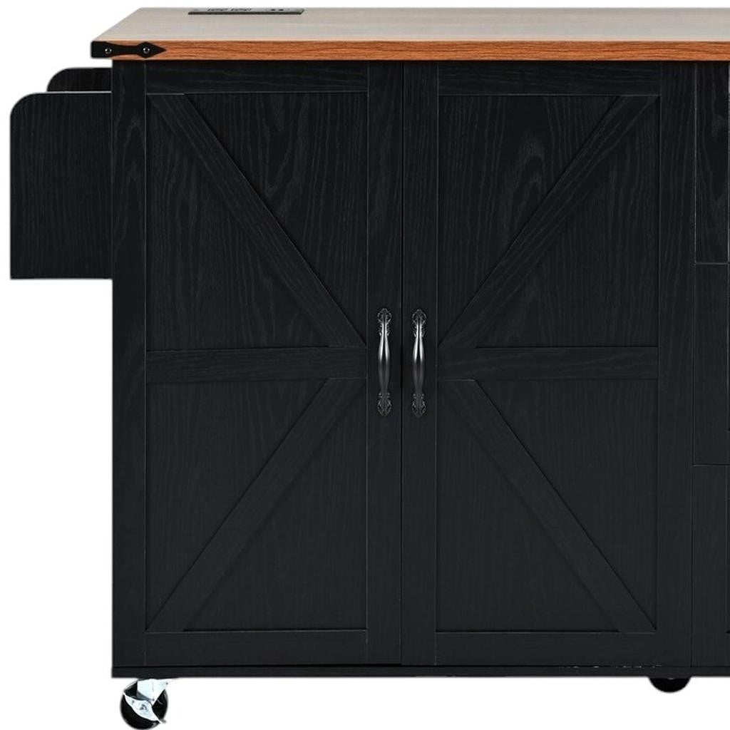 55" Black Wood Rolling Kitchen Island-6