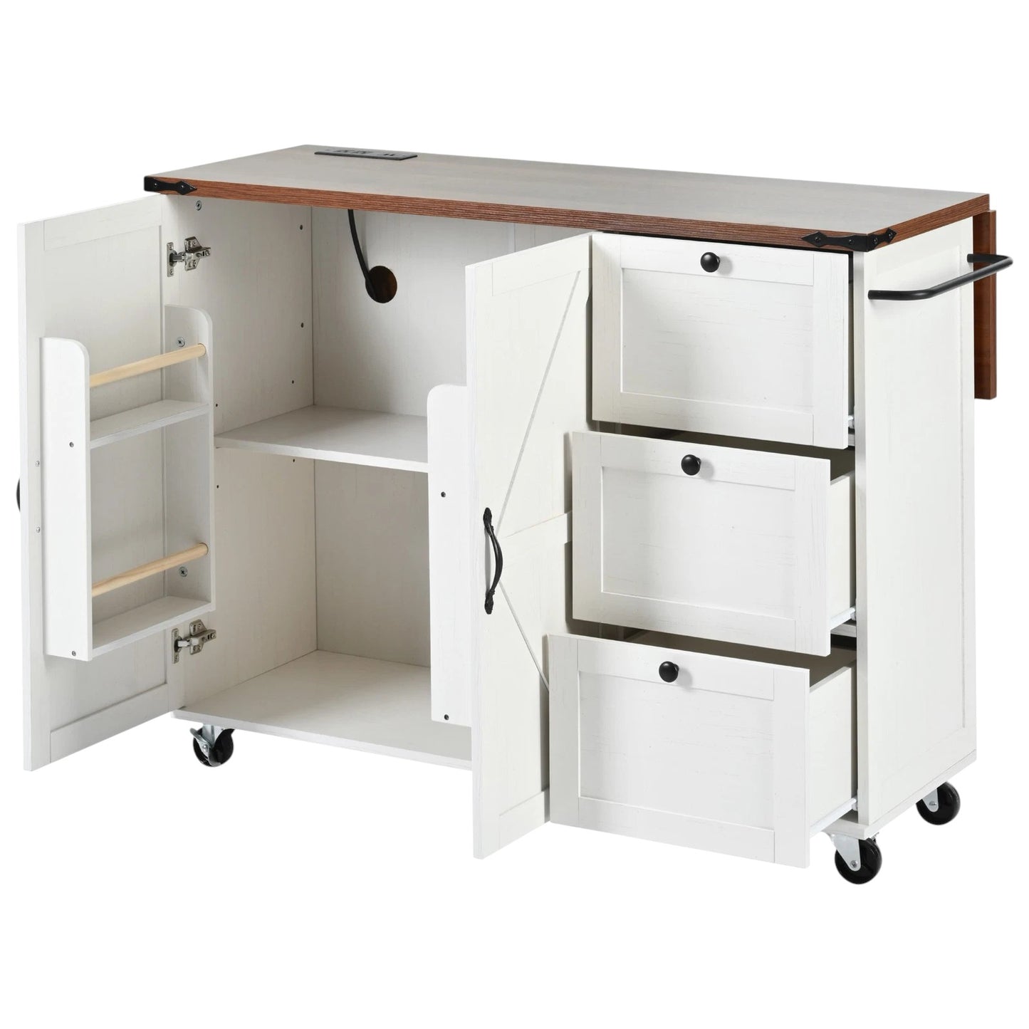 55" White Wood Rolling Kitchen Island-2
