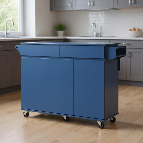 53" Navy Blue Wood Rolling Kitchen Island-0