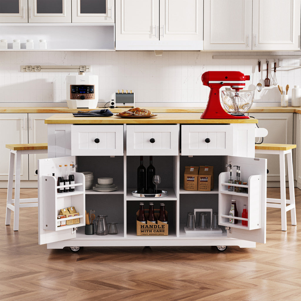 53" White Wood Rolling Kitchen Island With Storage-7