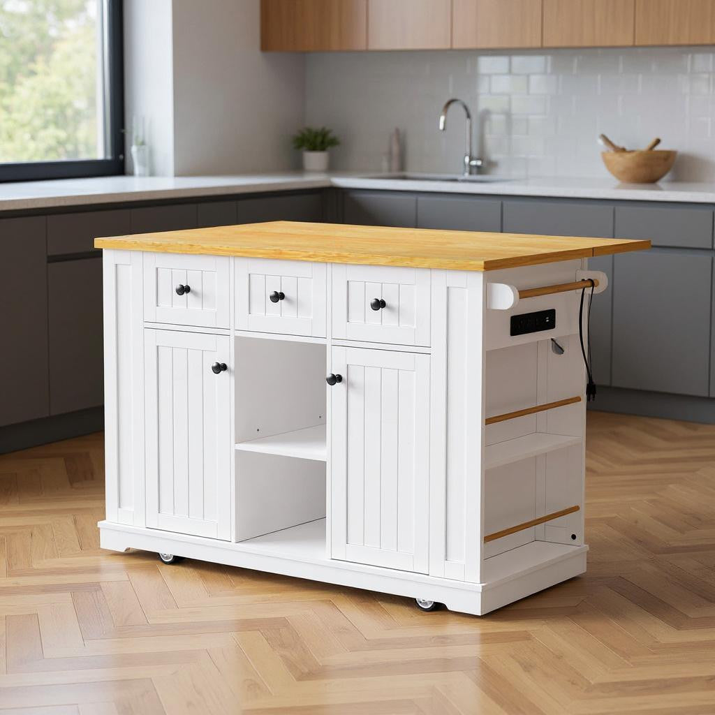 53" White Wood Rolling Kitchen Island With Storage-0