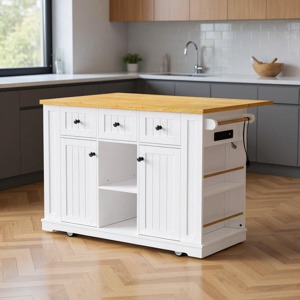 53" White Wood Rolling Kitchen Island With Storage-0