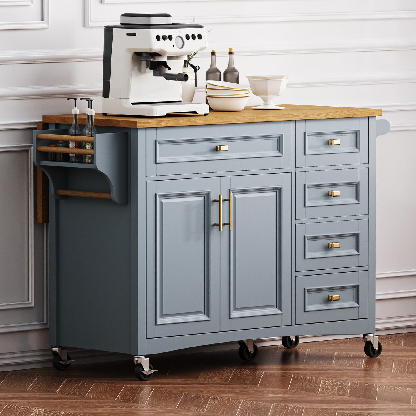 52" Light Blue Wood Rolling Kitchen Island-8
