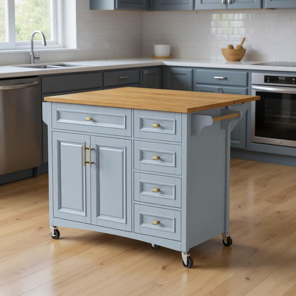 52" Light Blue Wood Rolling Kitchen Island-0