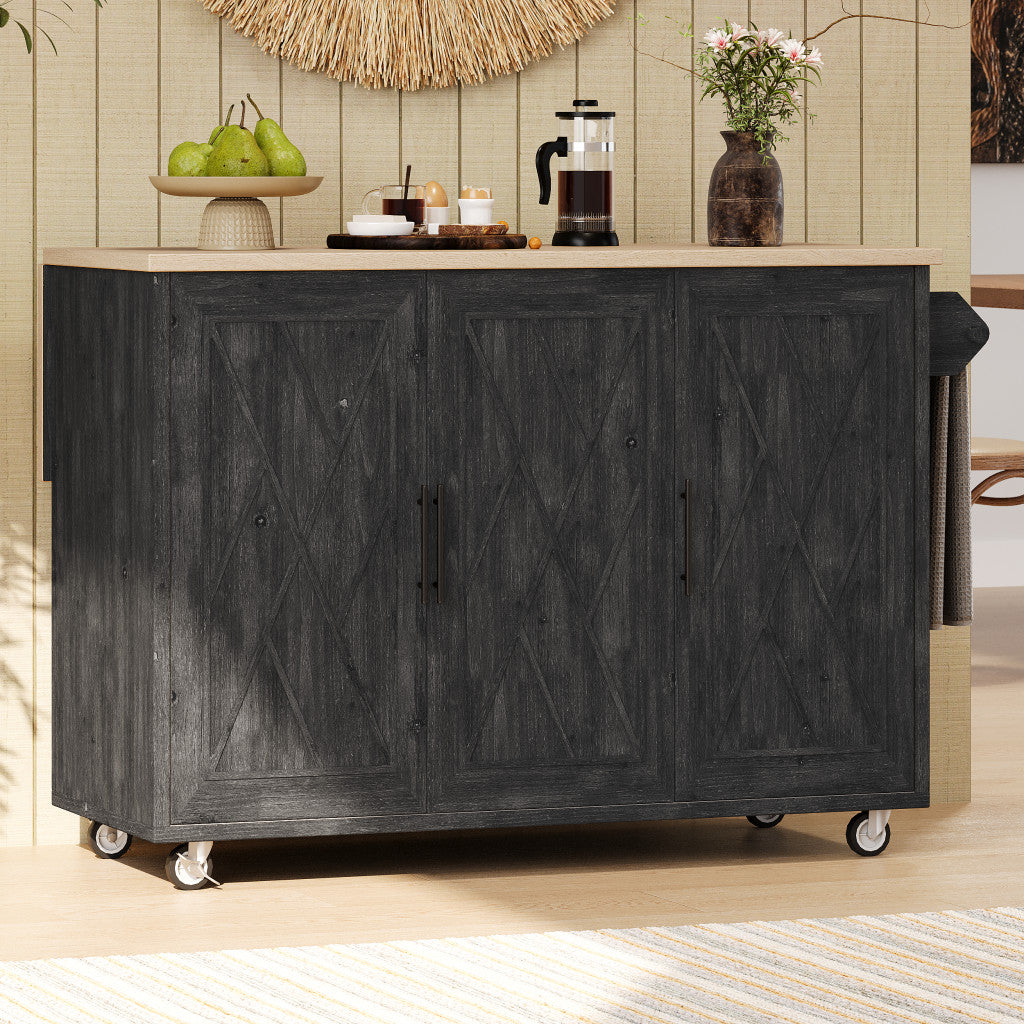 51" Black Wood Rolling Kitchen Island-7
