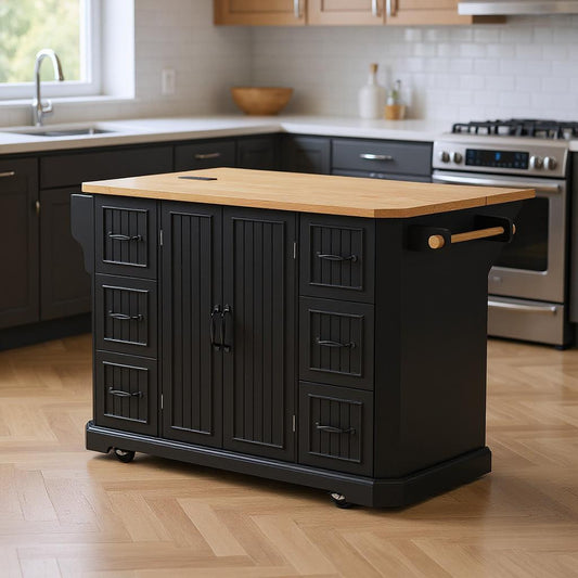 56" Black Wood Rolling Kitchen Island-0