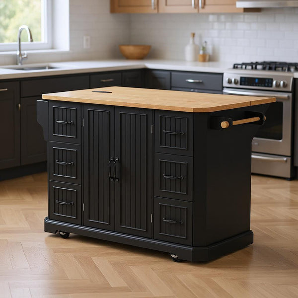 56" Black Wood Rolling Kitchen Island-0