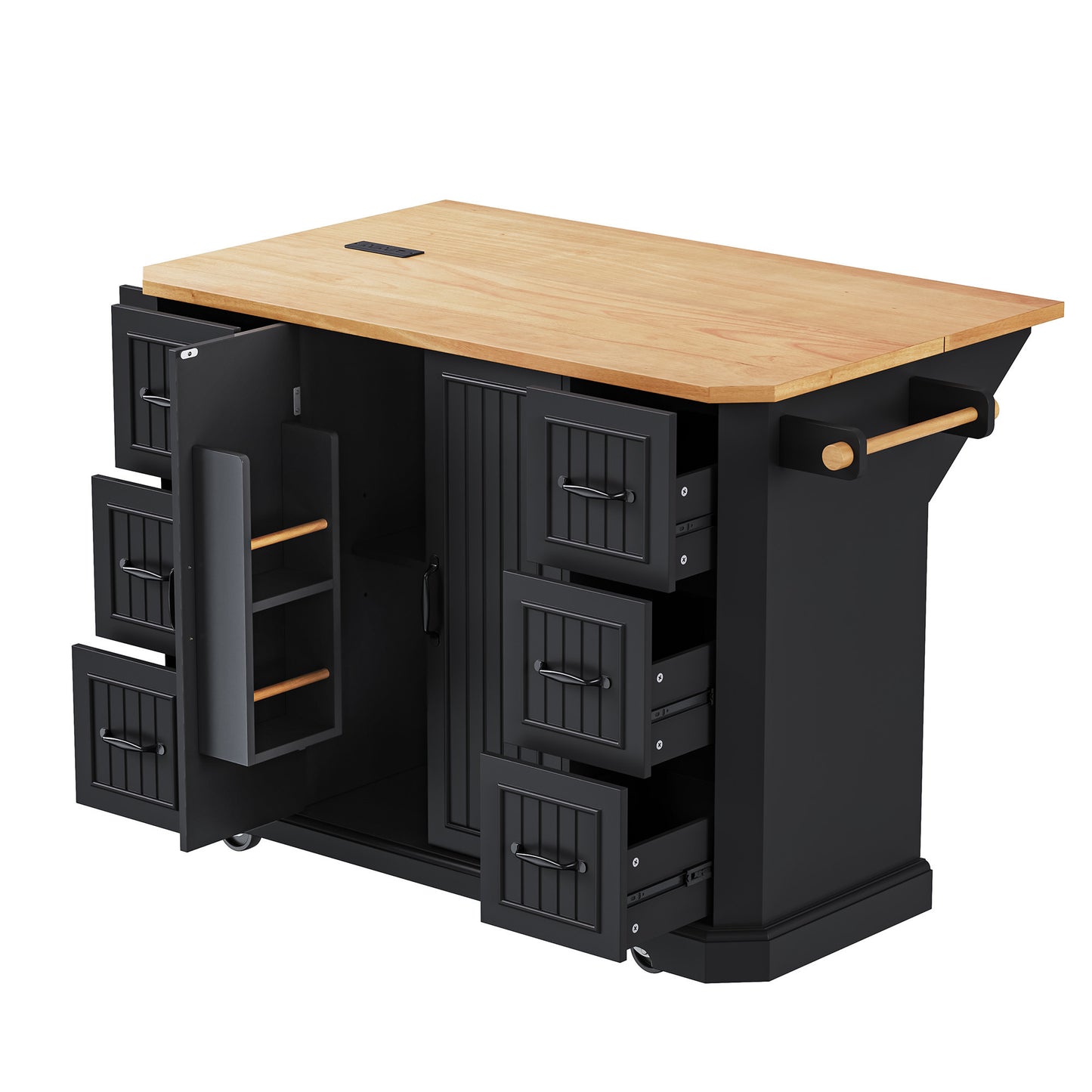 56" Black Wood Rolling Kitchen Island-3