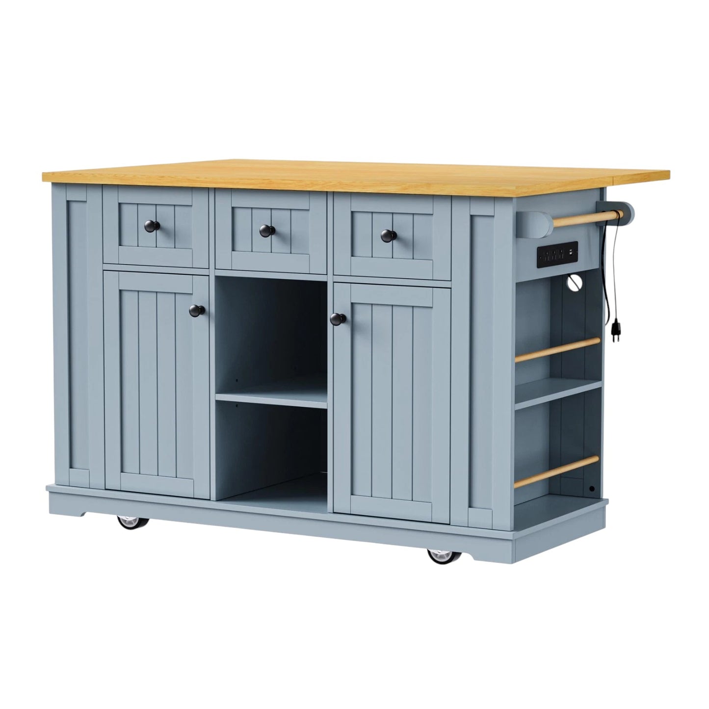 53" Light Blue Wood Rolling Kitchen Island Set With Storage-3