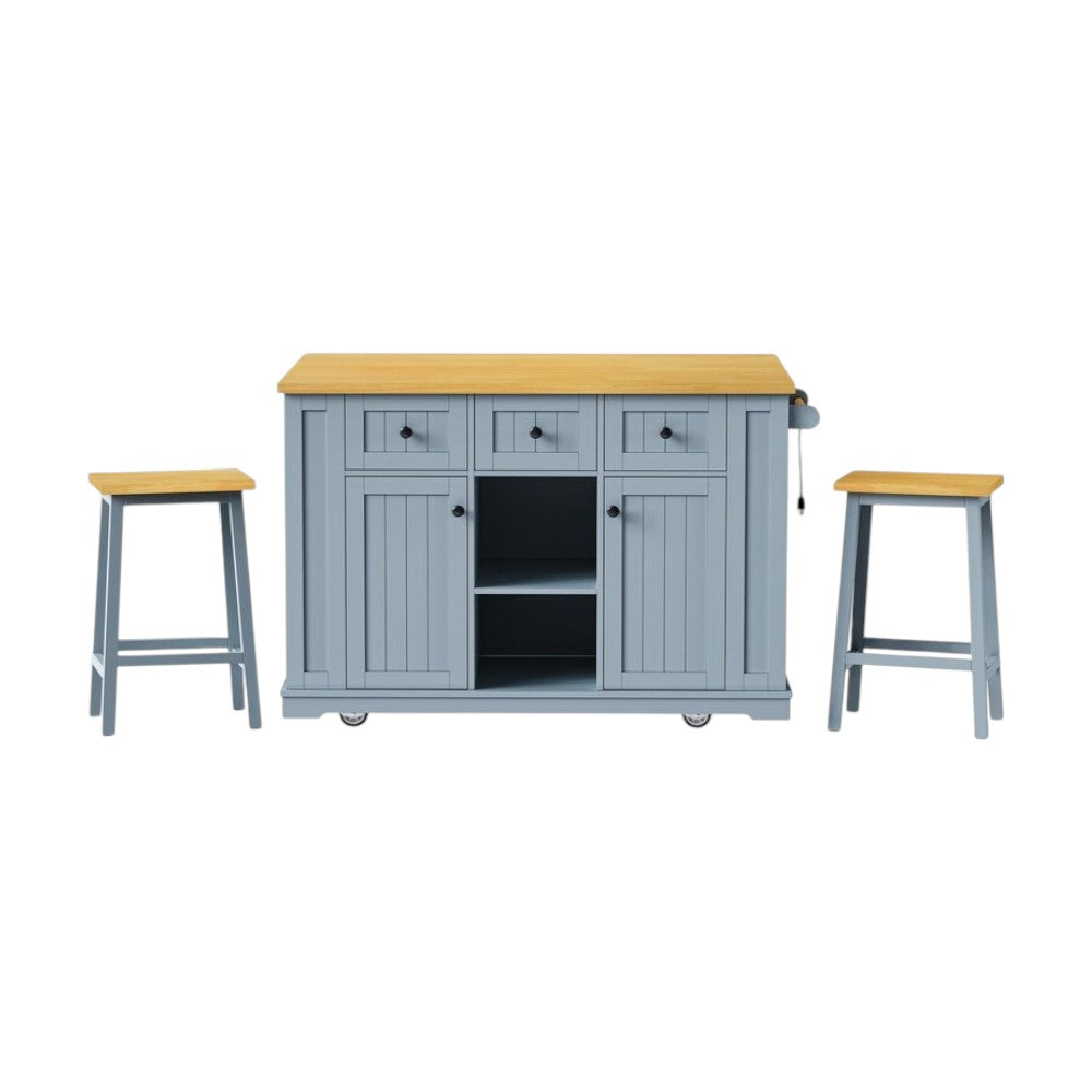 53" Light Blue Wood Rolling Kitchen Island Set With Storage-2
