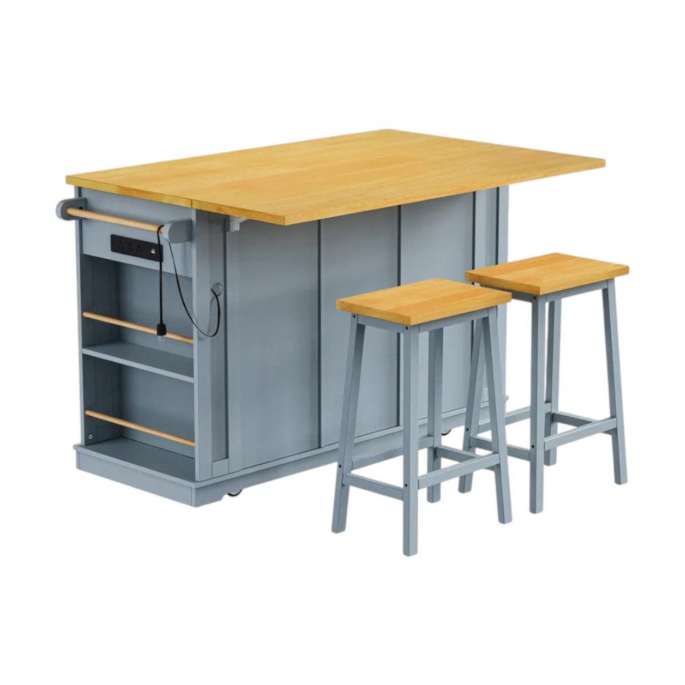 53" Light Blue Wood Rolling Kitchen Island Set With Storage-4