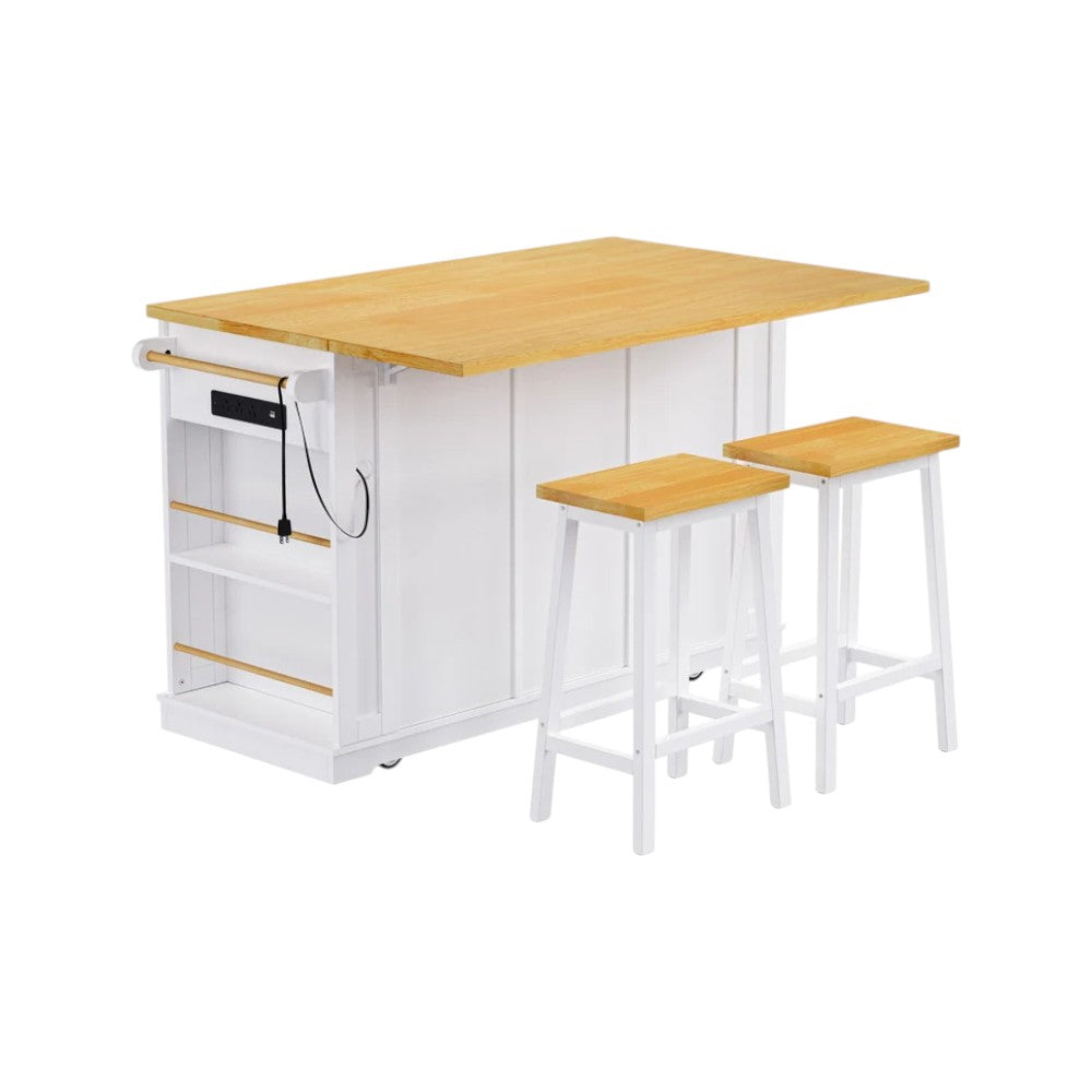 53" White Wood Rolling Kitchen Island Set With Storage-2