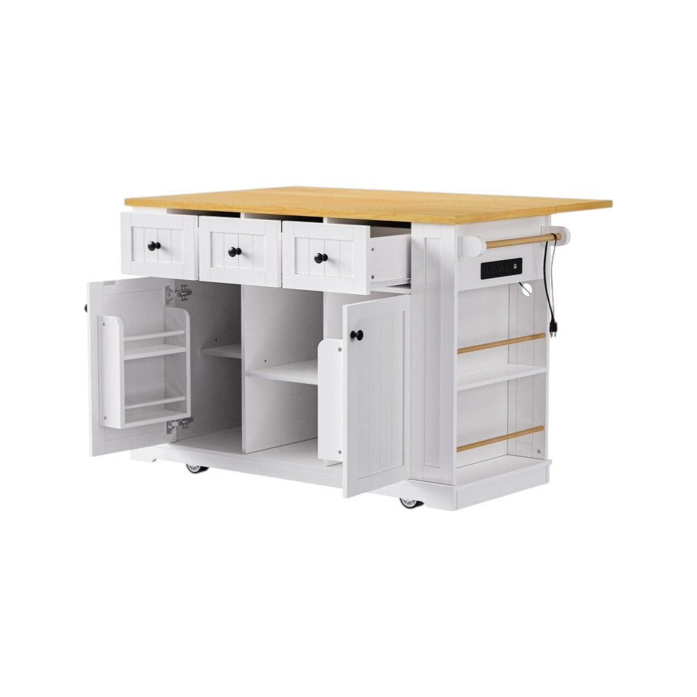 53" White Wood Rolling Kitchen Island Set With Storage-3