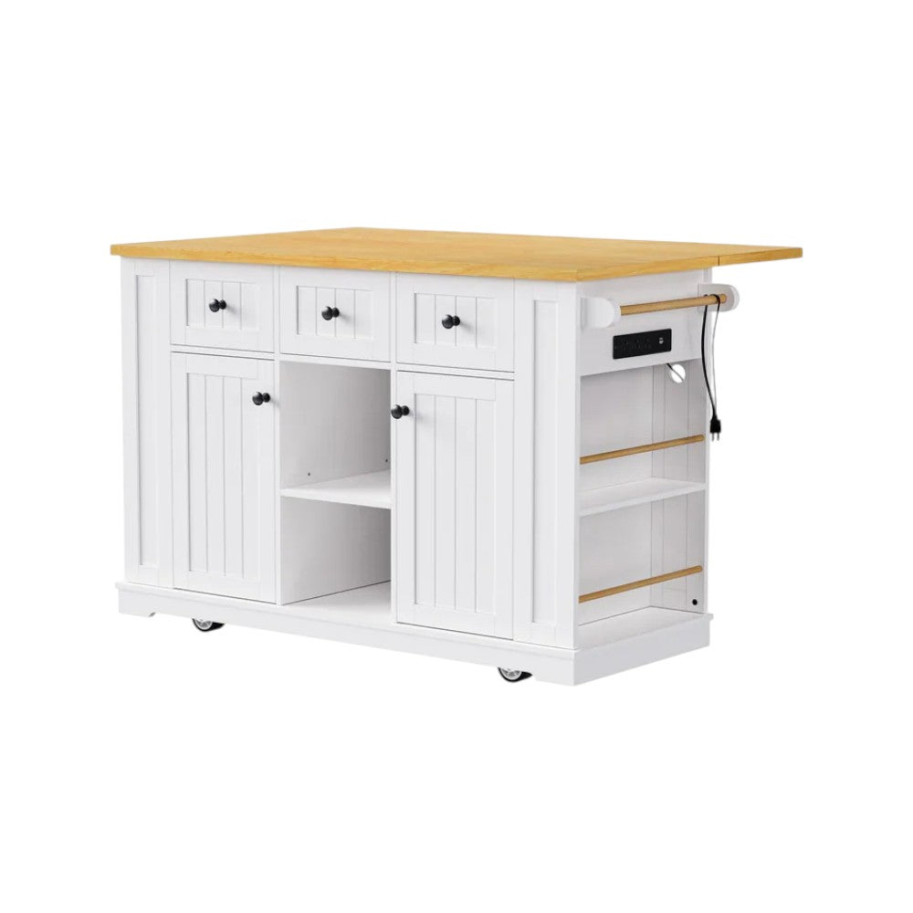 53" White Wood Rolling Kitchen Island Set With Storage-1