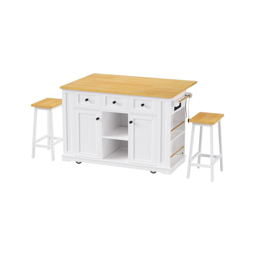 53" White Wood Rolling Kitchen Island Set With Storage-6