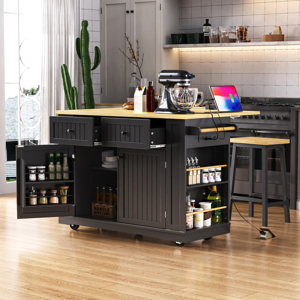 45" Black Wood Rolling Kitchen Island Set With Storage - Loft&Timber