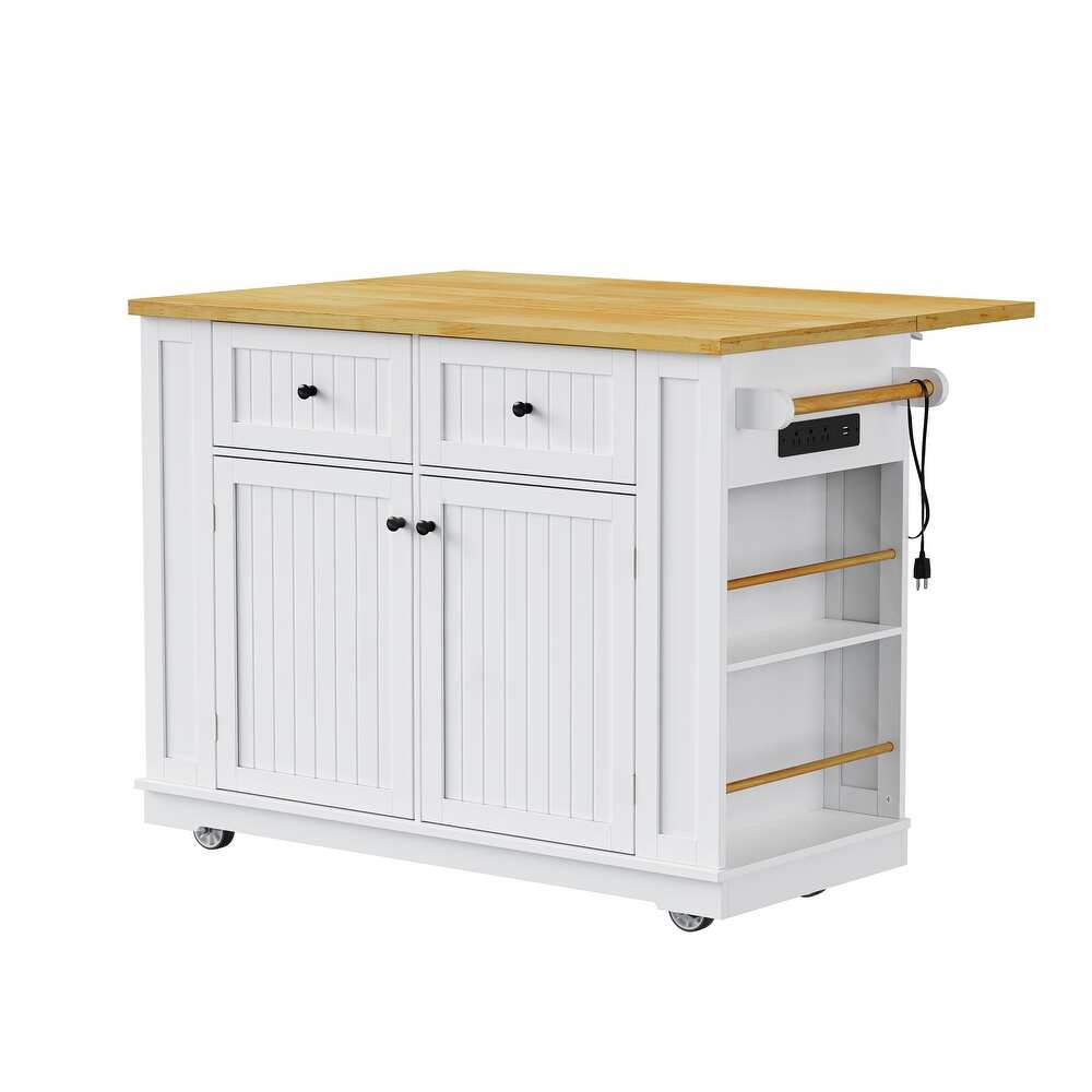 45" White Wood Rolling Kitchen Island Set With Storage-2
