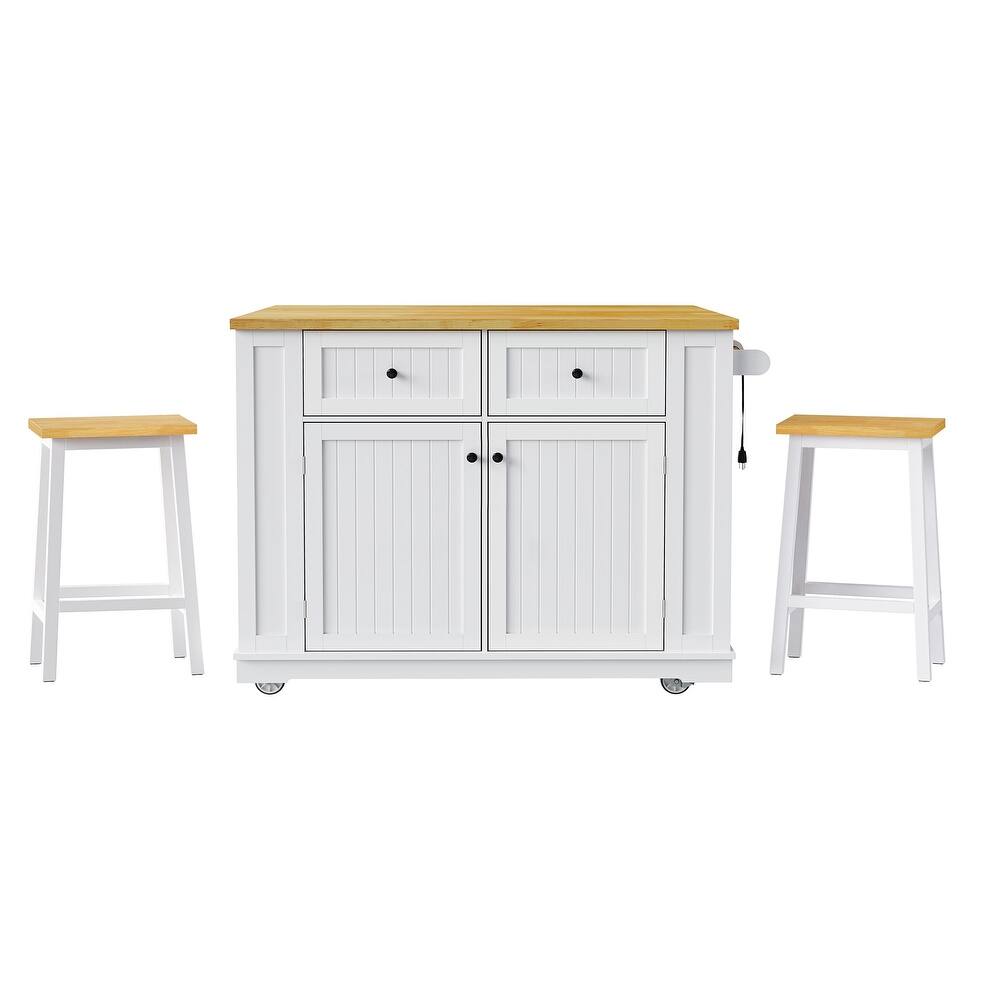 45" White Wood Rolling Kitchen Island Set With Storage-1