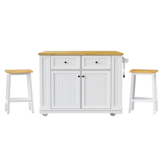 45" White Wood Rolling Kitchen Island Set With Storage-1