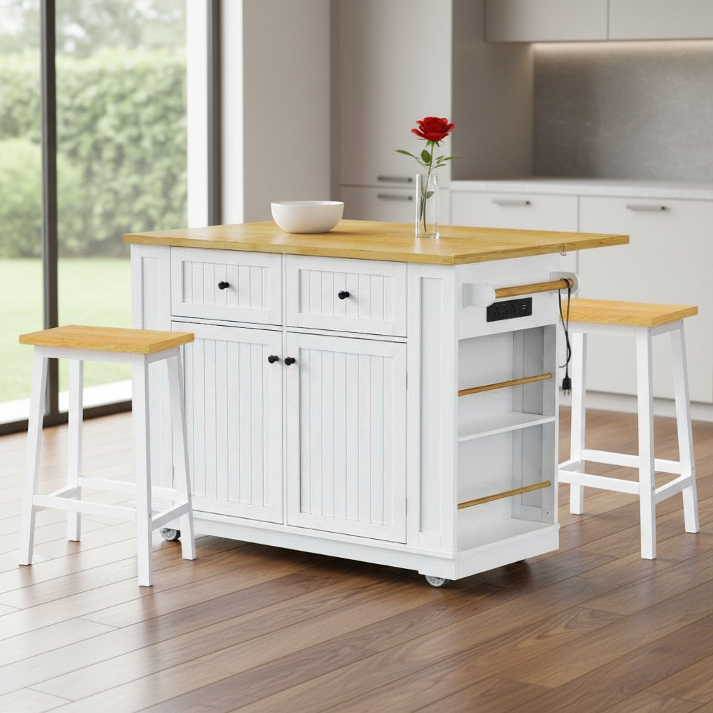 45" White Wood Rolling Kitchen Island Set With Storage-0