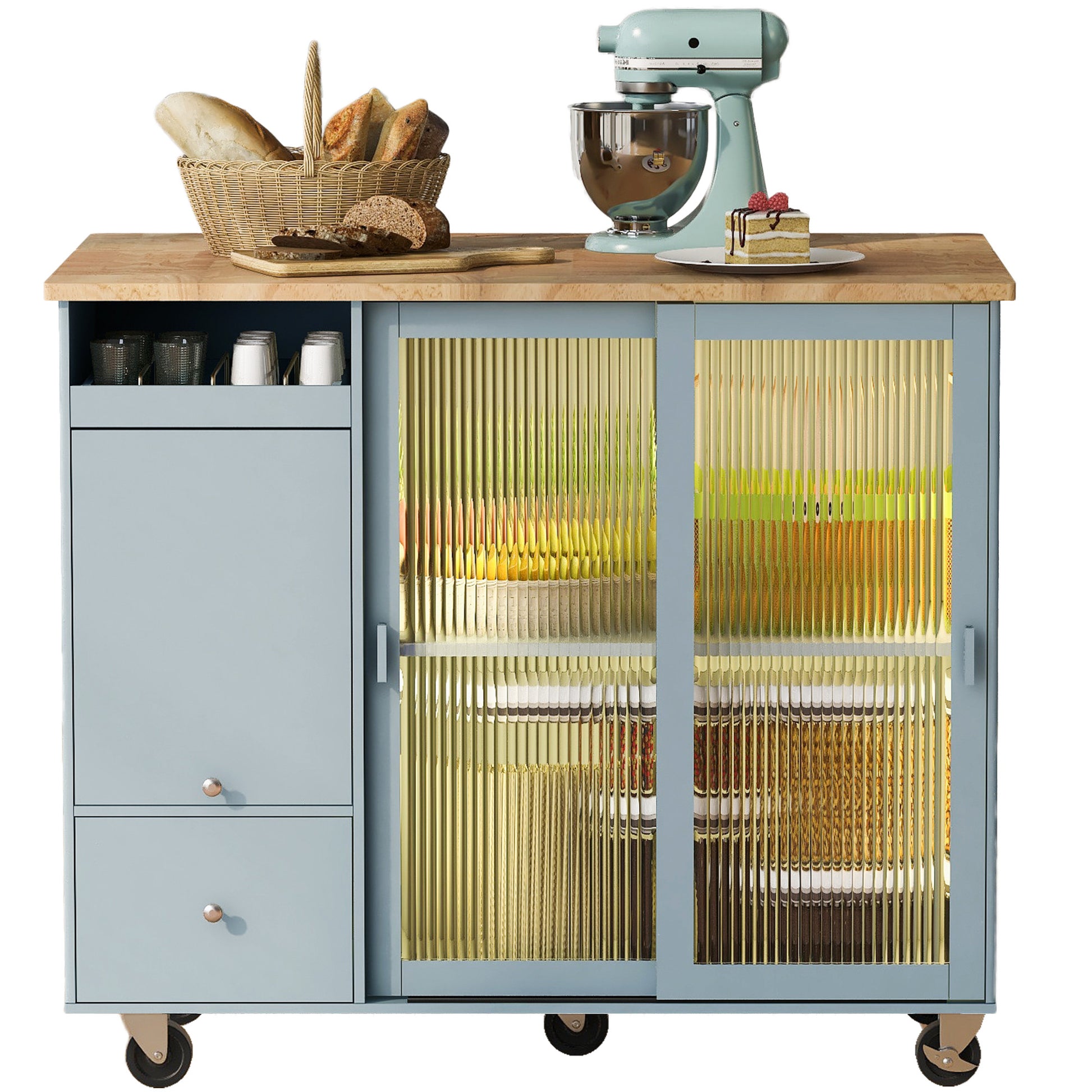 44" Light Blue Wood Rolling Kitchen Island With Storage - Loft&Timber