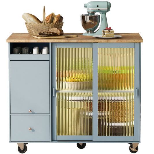 44" Light Blue Wood Rolling Kitchen Island With Storage - Loft&Timber