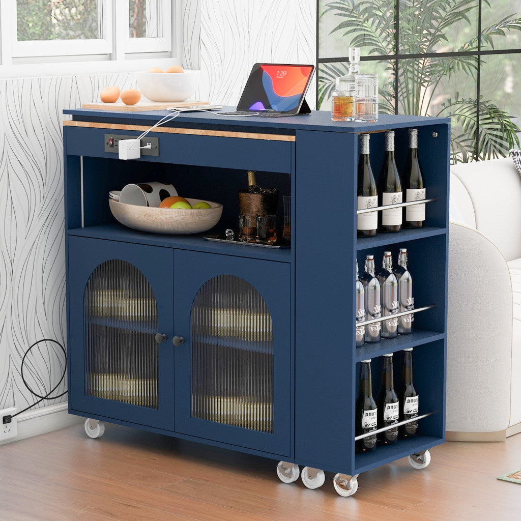 33" Navy Blue Wood Rolling Kitchen Island With Storage - Loft&Timber