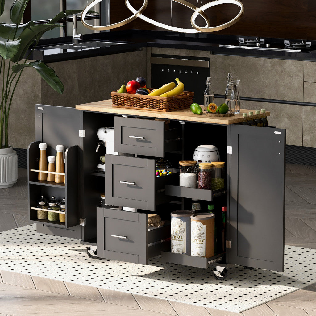 50" Black Wood Rolling Kitchen Island-6