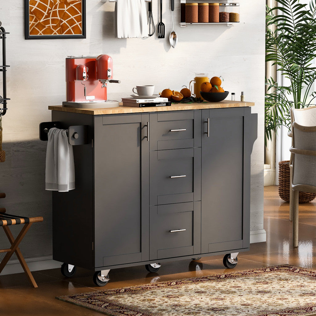 50" Black Wood Rolling Kitchen Island-7
