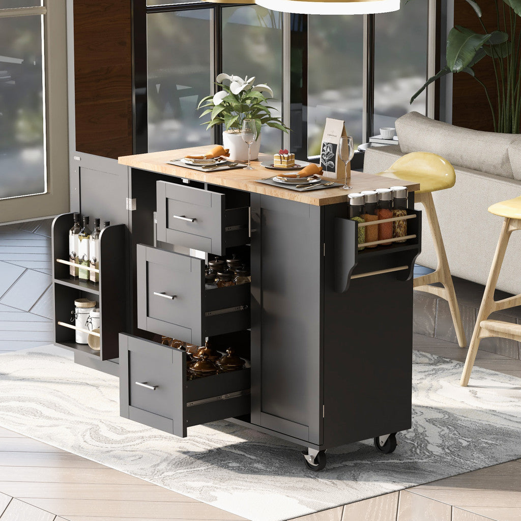50" Black Wood Rolling Kitchen Island-8