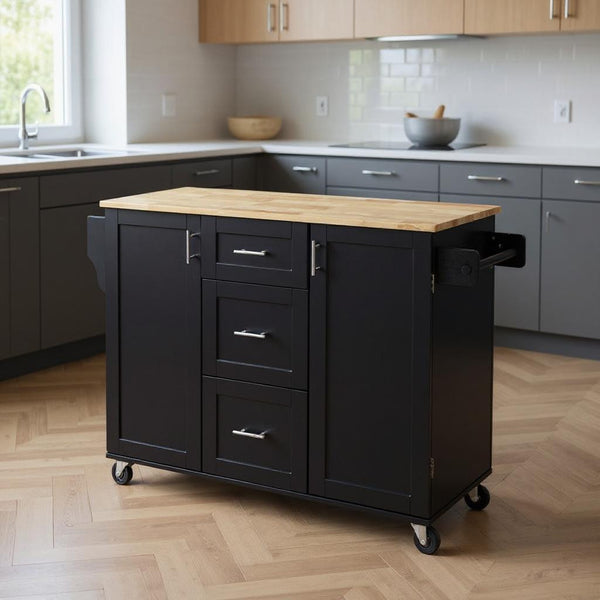 50" Black Wood Rolling Kitchen Island-0