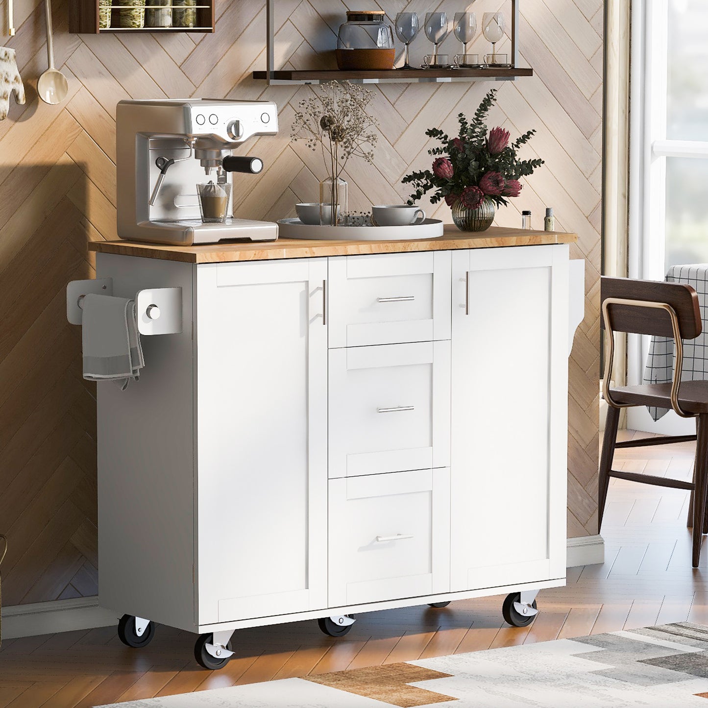 50" White Wood Rolling Kitchen Island-8
