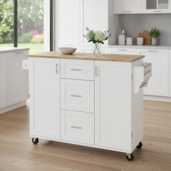50" White Wood Rolling Kitchen Island-0