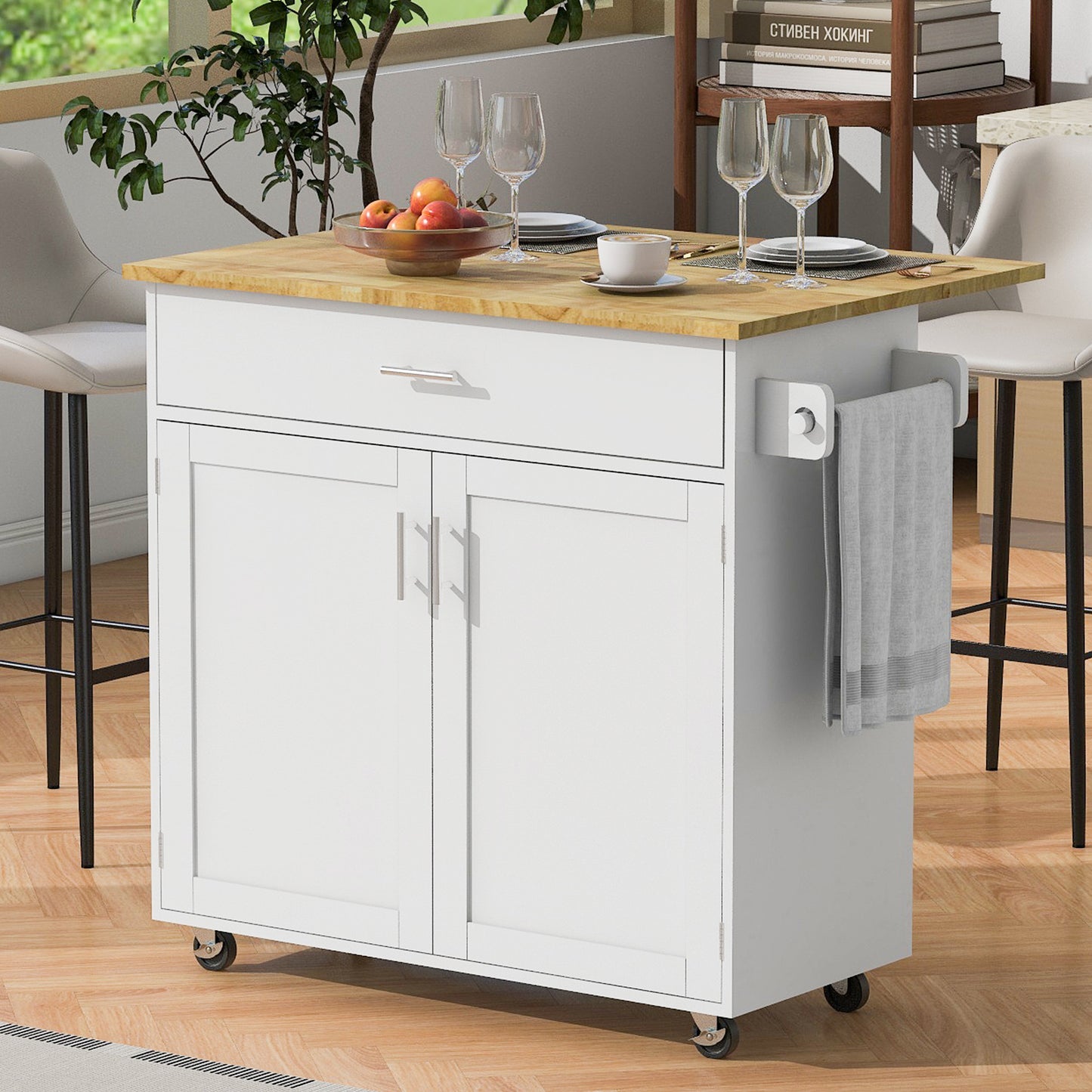 39" White Wood Rolling Kitchen Island - Loft&Timber
