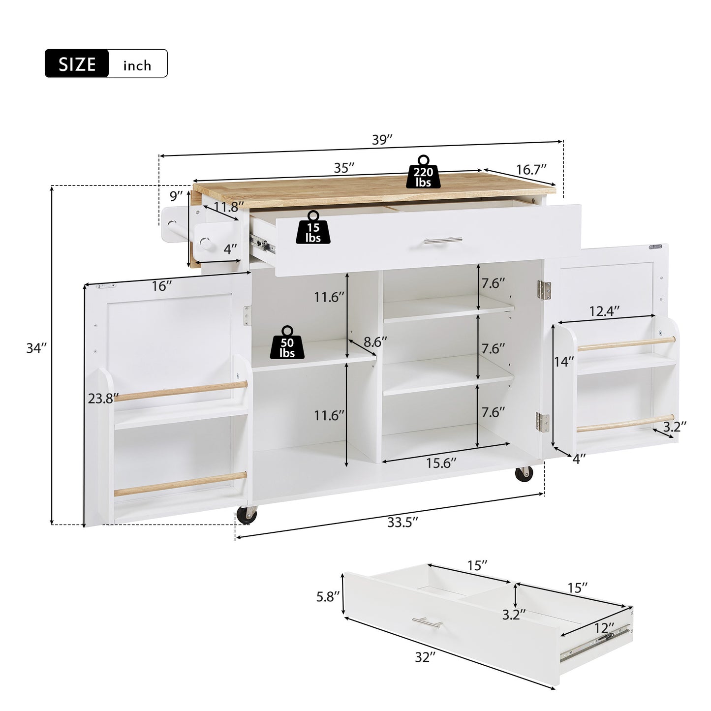 39" White Wood Rolling Kitchen Island - Loft&Timber