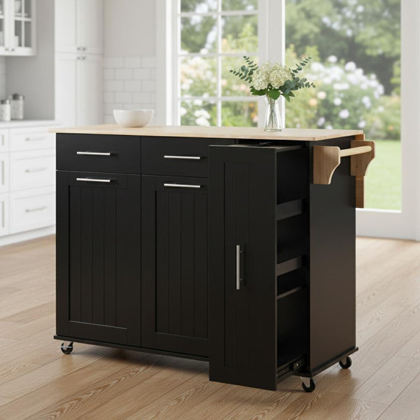 46" Black Wood Rolling Kitchen Island With Storage-0