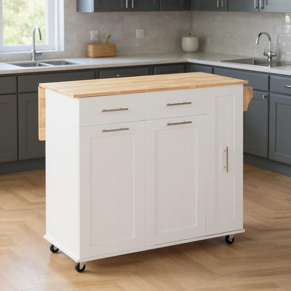 46" White Wood Rolling Kitchen Island With Storage-0