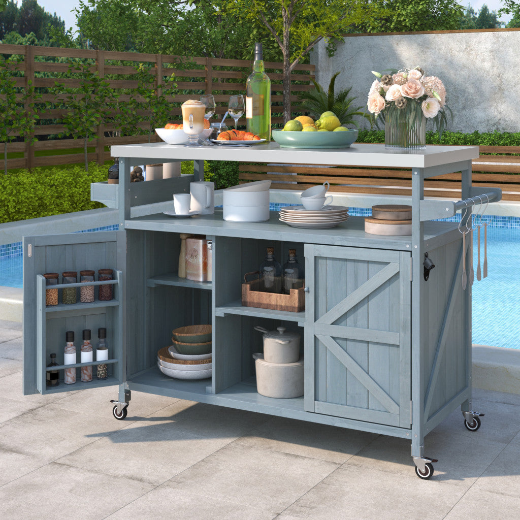 50" Light Blue Wood Rolling Kitchen Island With Storage-6