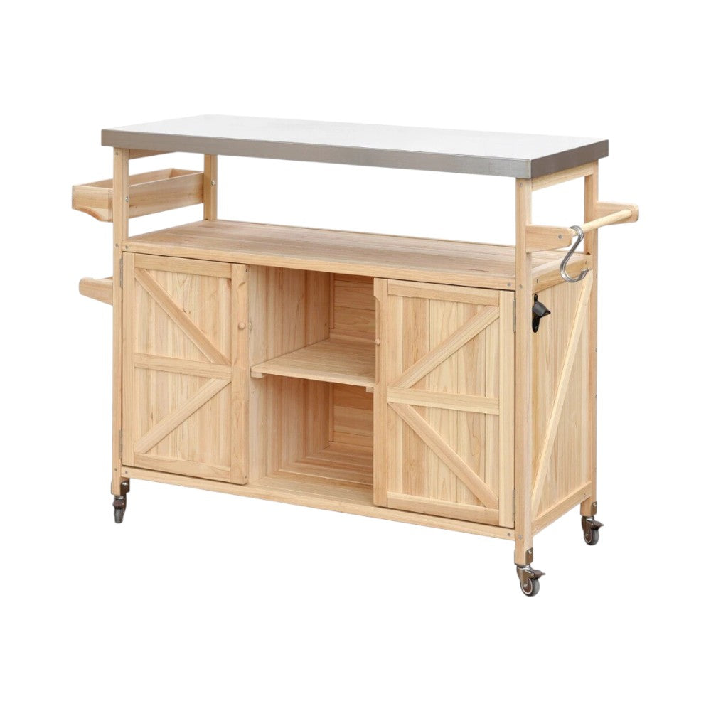 50" Natural Wood Rolling Kitchen Island With Storage-2