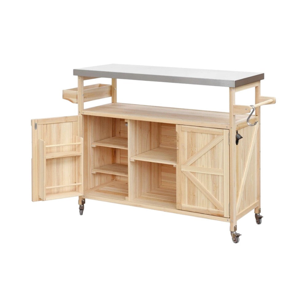 50" Natural Wood Rolling Kitchen Island With Storage-3