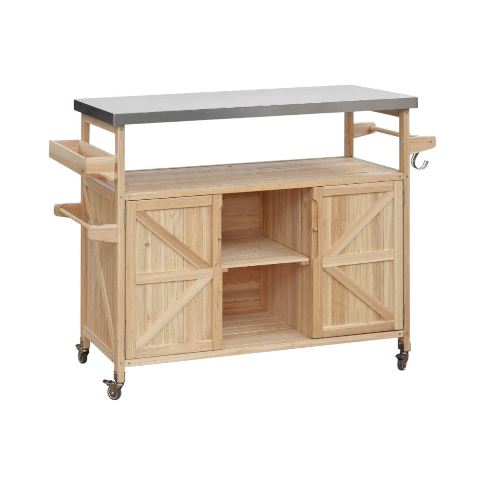 50" Natural Wood Rolling Kitchen Island With Storage-5