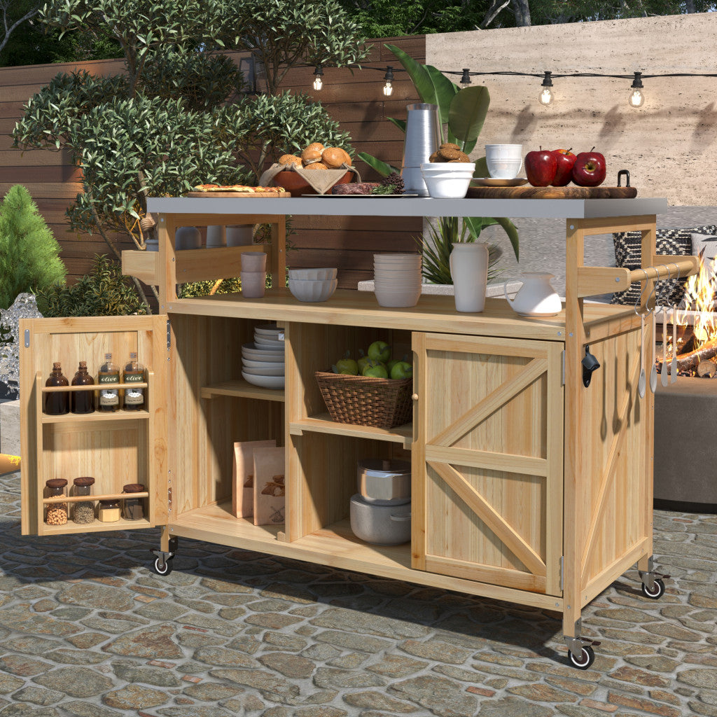 50" Natural Wood Rolling Kitchen Island With Storage-8