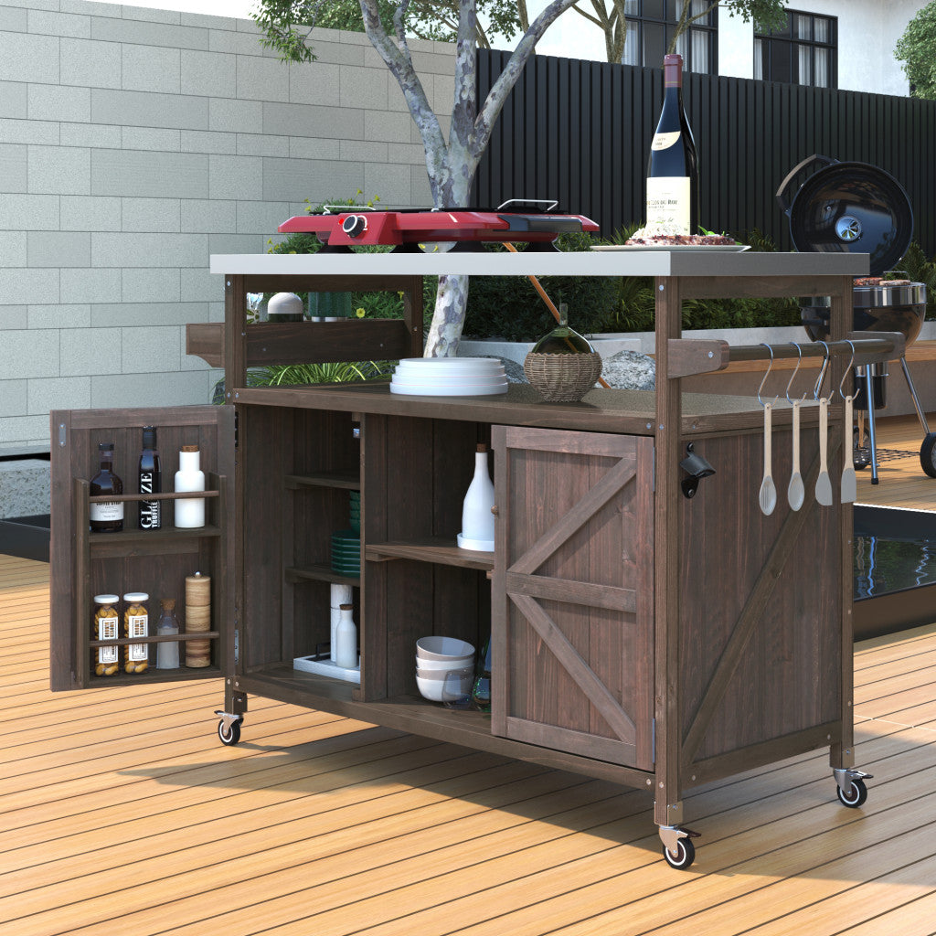50" Brown Wood Rolling Kitchen Island With Storage-8
