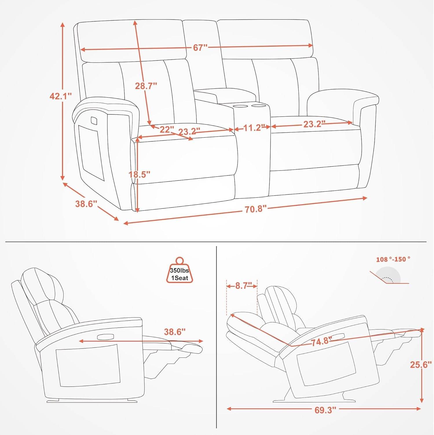 Power Loveseat Recliner Massage, Heat, Headrest, USB-C - Loft&Timber