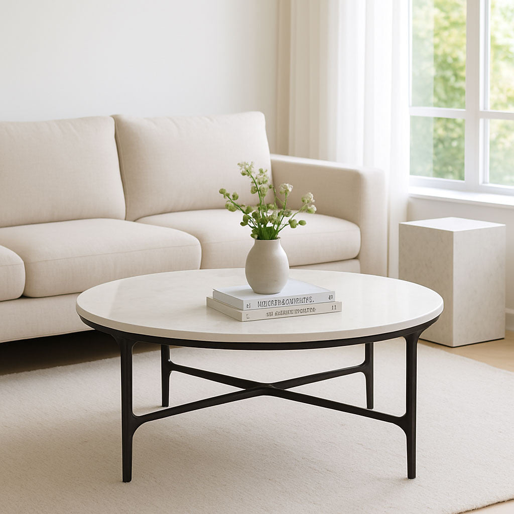 37" White and Black Genuine Marble and Iron Round Coffee Table - Loft&Timber