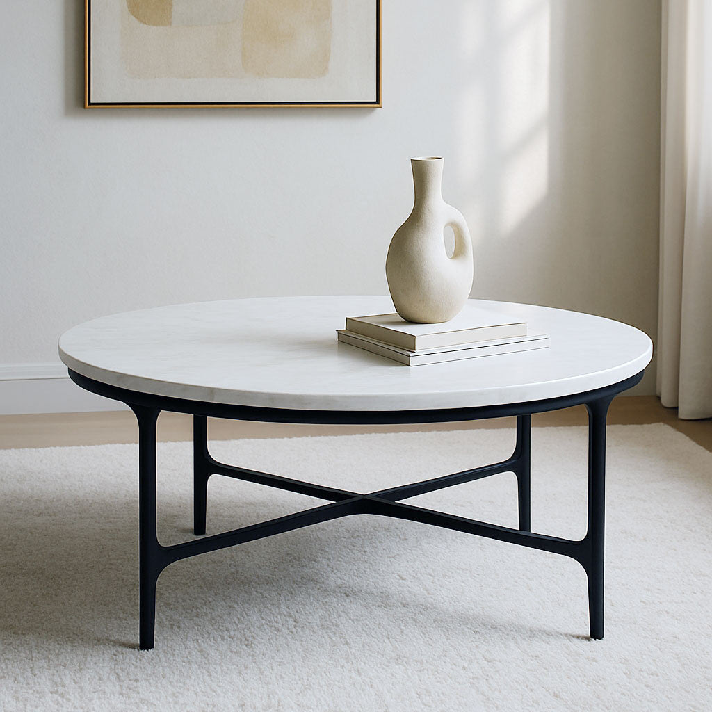 37" White and Black Genuine Marble and Iron Round Coffee Table - Loft&Timber